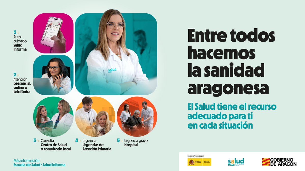 💪 Entre todos hacemos la sanidad aragonesa.

¿Sabes qué recurso sanitario es el más adecuado según tu necesidad? 🏥📲

🫶El Salud te acompaña en cada paso. Ayúdanos a cuidar mejor de todos. 💙

👉 Más información en: Escuela de Salud y Salud Informa