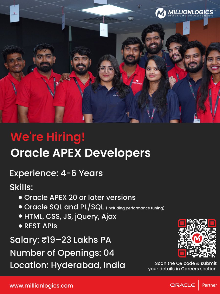 🚀 We're Hiring! Oracle APEX Developers – Join the MillionLogics Team 👩‍💻

Are you passionate about building intuitive, high-performing applications using Oracle APEX? MillionLogics is looking for experienced Oracle APEX Developers to be part of our growing team in Hyderabad,