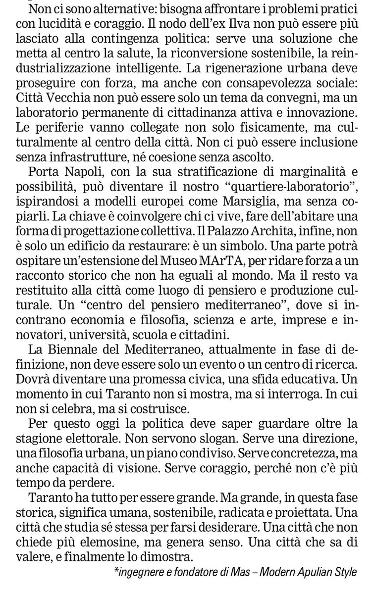 MAS (@apulianstyle) on Twitter photo || PRESS ||
Segnaliamo un intervento dell’Ing. Giuseppe Fanelli, Amministratore Unico di MAS, uscito oggi su <a href="/LaGazzettaWeb/">La Gazzetta del Mezzogiorno</a>, con la proposta di UNA FILOSOFIA URBANA PER TARANTO.
Buona lettura! || PRESS ||
Segnaliamo un intervento dell’Ing. Giuseppe Fanelli, Amministratore Unico di MAS, uscito oggi su <a href="/LaGazzettaWeb/">La Gazzetta del Mezzogiorno</a>, con la proposta di UNA FILOSOFIA URBANA PER TARANTO.
Buona lettura!