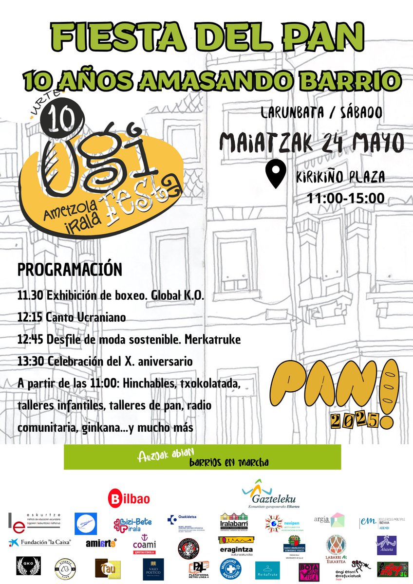 🥖 ¡La #FiestaDelPan llega a #Irala! 🎉 10 años amasando barrio 
🌍 Panes del mundo, feria de asociaciones, talleres, actuaciones...
🤝 Diversidad, convivencia y comunidad. ¡No te lo pierdas!

➕ <a href="/bilbao_udala/">Bilbao [Udala - Ayuntamiento]</a> <a href="/ADC_GAZTELEKU/">Gazteleku</a> <a href="/FundlaCaixa/">Fundación ”la Caixa”</a>