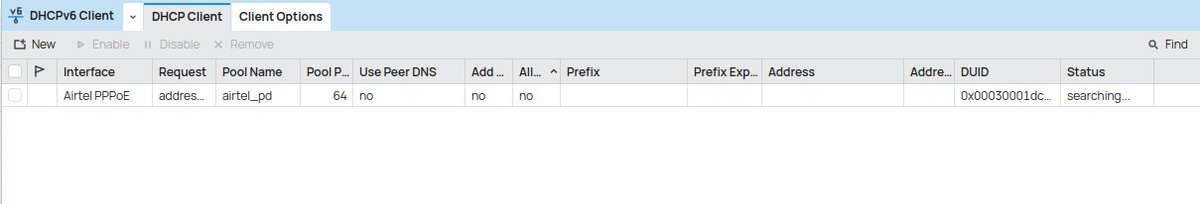 anurag_bhatia's tweet photo. Wonder if it's just me or has IPv6 on Airtel FTTH stop working since last 2 days?
Unable to get WAN + LAN PD pools.
#AS24560 https://t.co/oLlLT8RIGl