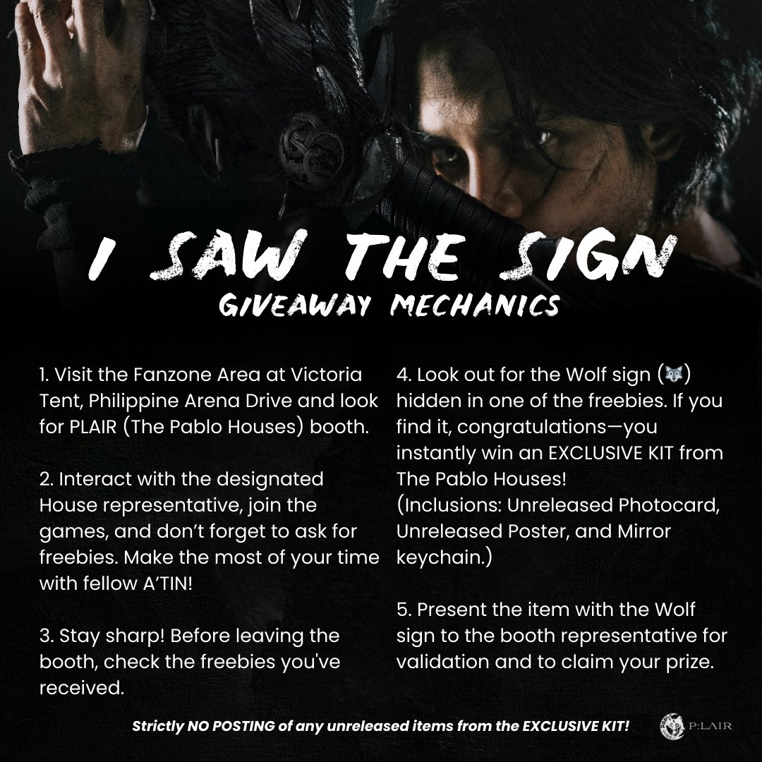 thepablohouses's tweet photo. I SAW THE SIGN — and it led me to an exclusive Pablo House kit!

A’TIN, This is your chance! Come visit the PLAIR booth at the Fanzone, have fun, and check your freebies for a hidden wolf sign. Who knows? You may be the lucky one!

#PABLO @imszmc https://t.co/FTDQiTTuHs