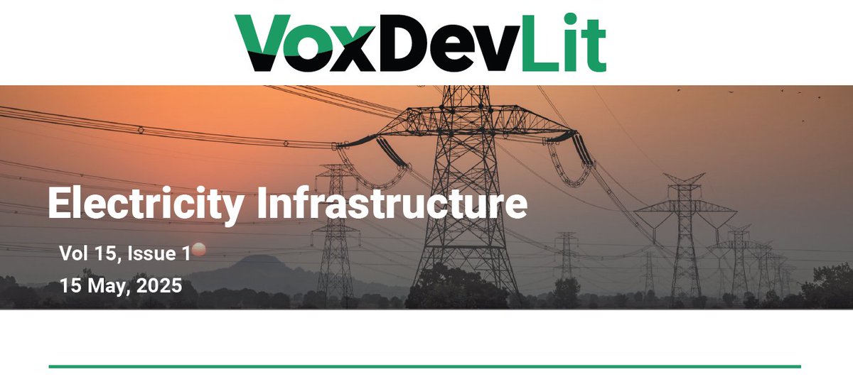 VoxDev (@vox_dev) on Twitter photo In our latest #VoxDevLit on Electricity Infrastructure, Senior Editor <a href="/RobynMeeks4/">Robyn Meeks</a> & Co-Editor Meera Mahadevan summarise impacts of electricity #infrastructure & identify evidence that can inform #electrification strategies.
Read & download ➡️ voxdev.org/voxdevlit/elec… In our latest #VoxDevLit on Electricity Infrastructure, Senior Editor <a href="/RobynMeeks4/">Robyn Meeks</a> & Co-Editor Meera Mahadevan summarise impacts of electricity #infrastructure & identify evidence that can inform #electrification strategies.
Read & download ➡️ voxdev.org/voxdevlit/elec…