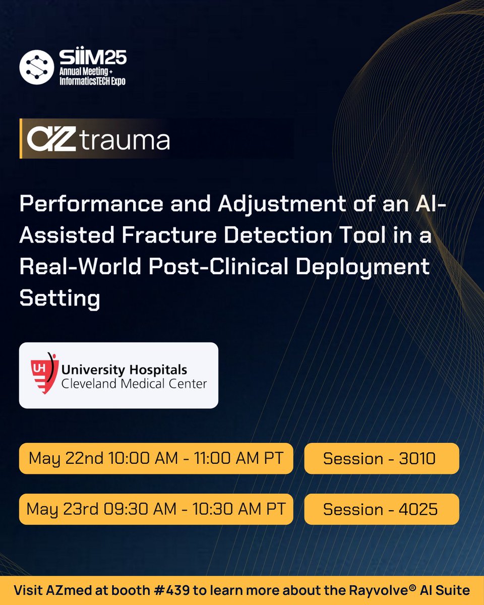 AZmed_AI's tweet image. 🇺🇸 We’re at #SIIM25 and couldn't be more excited to connect with our partners and the medical imaging community.
Two scientific posters, in collaboration with UH Cleveland Medical Center, highlight how our solution, AZtrauma, improves diagnostic accuracy and supports resident…