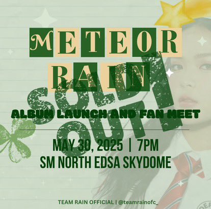 TeamRainOFC's tweet photo. To all our beloved RainDEARs, Homies, Weavers, Multoes, Hotties 💚

We want to express our deepest gratitude to each and every one of you who poured your time, energy, and love into supporting Rainah's album launch. From organizing fundraisers to tirelessly promoting across platforms to assisting with logistics and all the little things in between, please know that your efforts have not gone unnoticed.

This launch is not just a celebration of Rainah’s music, but also a beautiful reflection of the dedication and unity of her fandom family. Thank you for standing by her, believing in her, and making this moment truly unforgettable.

As we count down to the big day, we’re also making one last push for donations to help complete our fan projects, from thoughtful giveaways to memorable setups, all meant to make the event even more special for Rainah and for all of us who love her. Every contribution, big or small, brings us closer to a truly magical experience.

Let’s continue to support her with the same passion and positivity as we journey through this exciting chapter. Maraming, maraming salamat! 💖🌧️✨

With love and appreciation,
Team Rain.

METEOR RAIN SOLD OUT