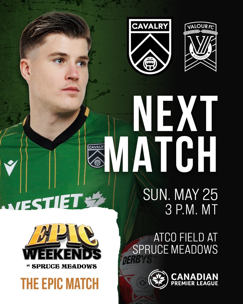 Flying back home for THE EPIC MATCH this Sunday, presented by Epic Weekends at <a href="/Spruce_Meadows/">Spruce Meadows</a>!

🆚 <a href="/ValourFootball/">Valour FC</a>
📺: <a href="/onesoccer/">OneSoccer</a>
🎟️: bit.ly/4mlTsdl

#CanPL #CavsFC