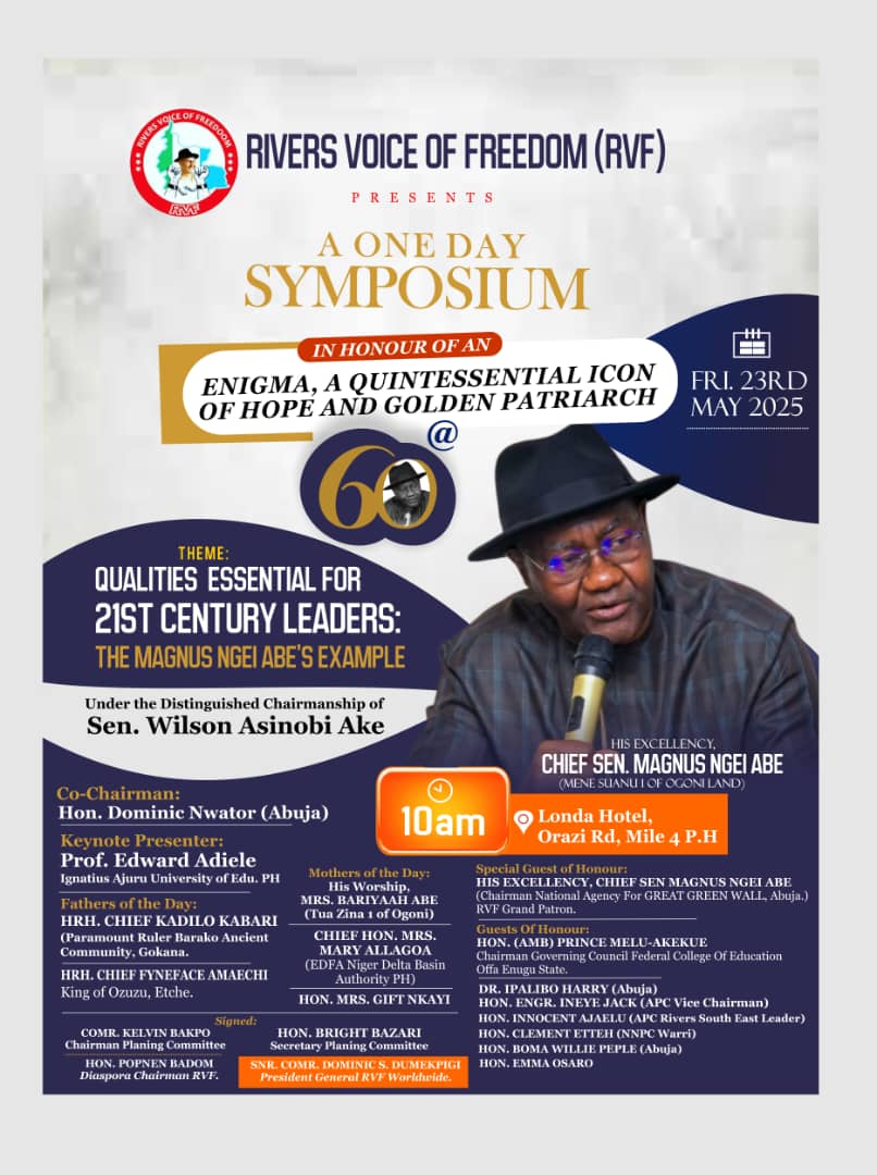 HonBenefizzy's tweet photo. CELEBRATING 60 YEARS OF EXCELLENCE: 

We are inviting you to join the Rivers Voice of Freedom, a foremost vibrant Social-Political organization in Rivers State as they organized a one day symposium to celebrate the 60th birthday of an enigma, https://t.co/ueaovl8YON