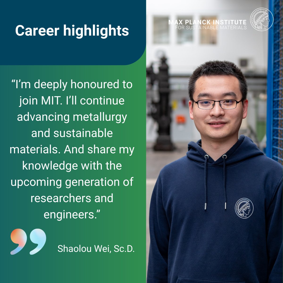 MPISusMat's tweet photo. Our #humboldt fellow Shaolou Wei was appointed as Assistant Professor @MIT 👏
One of Shaolou’s major breakthroughs during his time at #MPISusMat is the design of a process that integrates #metal extraction, alloying & microstructure modulation into one single, eco-friendly step. https://t.co/ZDEQp7p8oF