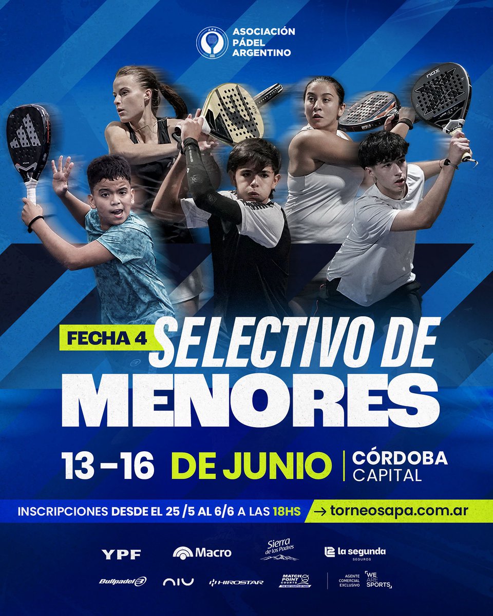 ¡Llega la cuarta etapa de los Selectivos de Menores en Córdoba Capital!

No te pierdas la oportunidad de ser parte de #ElSemillero del pádel mundial.

🗓️ : 13 al 16 de junio.
Inscripciones:25 de mayo al 6 de junio a las 18 hs.
🧑‍💻 torneosapa.org.ar

#APA