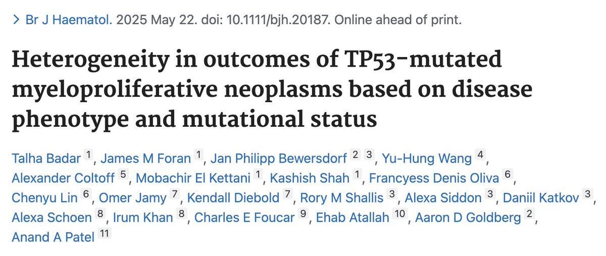 UChicago Leukemia Program (@uchicagoleuk) on Twitter photo Kudos to <a href="/Anand_88_Patel/">Anand Patel</a> for his senior author publication in <a href="/BrJHaem/">British Journal of Haematology</a> focused on the impact of TP52 mutations on MPN outcomes!
pubmed.ncbi.nlm.nih.gov/40400334/ Kudos to <a href="/Anand_88_Patel/">Anand Patel</a> for his senior author publication in <a href="/BrJHaem/">British Journal of Haematology</a> focused on the impact of TP52 mutations on MPN outcomes!
pubmed.ncbi.nlm.nih.gov/40400334/
