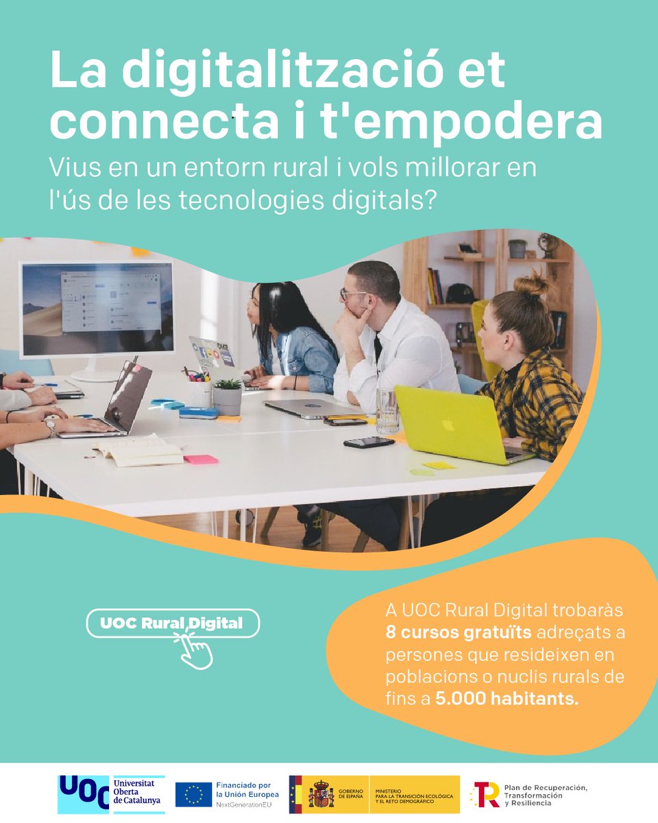 🗣️ INFORMACIÓ❗

Cursos 100% subvencionats UOC Rural Digital.
Els cursos s'agrupen en 4 itineraris que et faciliten l'adquisició progressiva de les competències digitals bàsiques.

Aquí l'enllaç amb tota la informació.
uoc.edu/es/estudios/la…