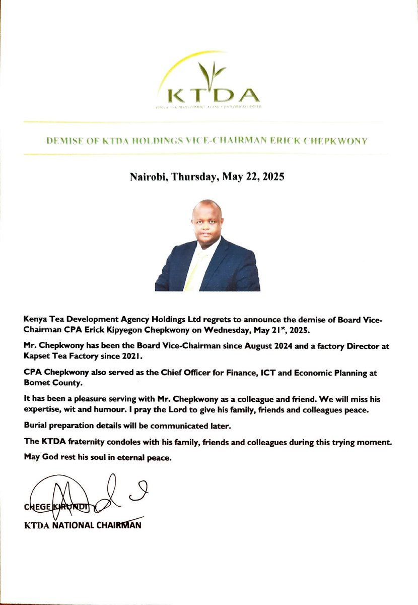 KTDA Holdings Limited (@ktdaholdingsltd) on Twitter photo KTDA Holdings Limited mourns it's Board Vice-Chairman, CPA Erick Chepkwony. <a href="/KTDAHoldingsLtd/">KTDA Holdings Limited</a> <a href="/kilimoKE/">Ministry of Agriculture & Livestock Development</a> <a href="/TeaBoardKenya/">Tea Board Kenya</a> <a href="/KetepaLtd/">Kenya Tea Packers</a> <a href="/TemecLtd/">Tea Machinery and Engineering Company Limited</a> <a href="/ChaiGoldKE/">CHAI GOLD</a> <a href="/mibheadoffice/">Majani Insurance Ltd</a> <a href="/KTDAFoundation/">KTDA Foundation</a>
#FarmersFirst
#GlobalLeaderInQualityTeas KTDA Holdings Limited mourns it's Board Vice-Chairman, CPA Erick Chepkwony. <a href="/KTDAHoldingsLtd/">KTDA Holdings Limited</a> <a href="/kilimoKE/">Ministry of Agriculture & Livestock Development</a> <a href="/TeaBoardKenya/">Tea Board Kenya</a> <a href="/KetepaLtd/">Kenya Tea Packers</a> <a href="/TemecLtd/">Tea Machinery and Engineering Company Limited</a> <a href="/ChaiGoldKE/">CHAI GOLD</a> <a href="/mibheadoffice/">Majani Insurance Ltd</a> <a href="/KTDAFoundation/">KTDA Foundation</a>
#FarmersFirst
#GlobalLeaderInQualityTeas