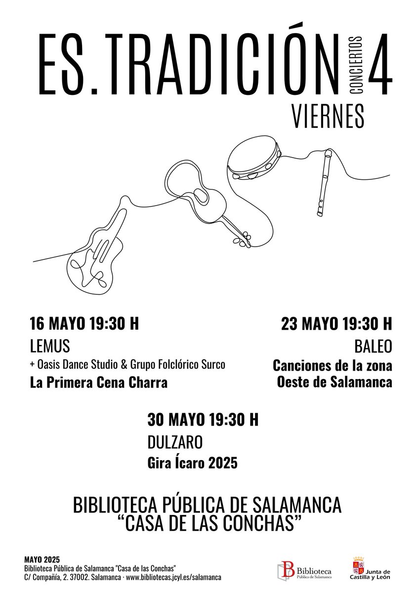 Hoy en nuestro precioso patio disfrutaremos del concierto del <a href="/grupobaleo/">Baleo</a> y sus "Canciones de la zona Oeste de Salamanca", dentro del Ciclo #EsTradición. 
19:30 h. Entrada libre hasta completar aforo
#bpsalamanca #bibliotecapublicasalamanca #bibliotecapublicasadelasconchas