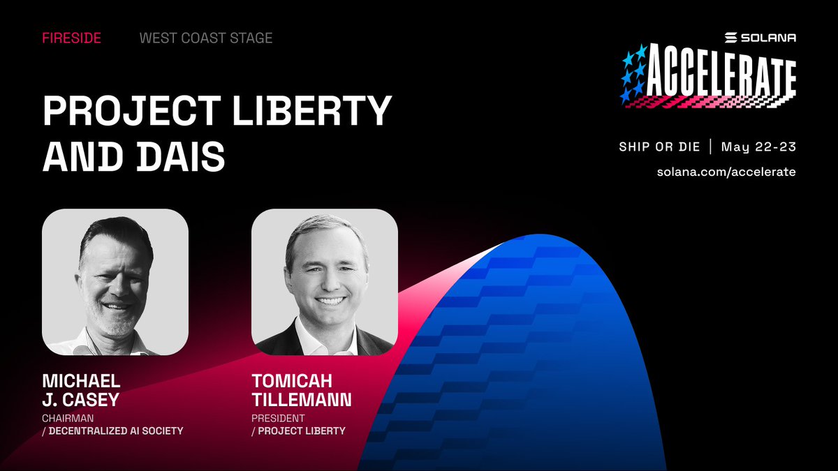 Michael J. Casey (@mikejcasey) on Twitter photo It's on!
<a href="/TomicahTD/">Tomicah Tillemann 🗽</a> pf <a href="/pro_jectliberty/">Project Liberty</a> and I are getting the band back together at @Solana Accelerate in NY.
We'll discuss why, as we barrel into the age of AI, we desperately need to re-decentralize the internet and give human beings power over their data.
<a href="/DaisGlobal/">DAIS Global</a> It's on!
<a href="/TomicahTD/">Tomicah Tillemann 🗽</a> pf <a href="/pro_jectliberty/">Project Liberty</a> and I are getting the band back together at @Solana Accelerate in NY.
We'll discuss why, as we barrel into the age of AI, we desperately need to re-decentralize the internet and give human beings power over their data.
<a href="/DaisGlobal/">DAIS Global</a>