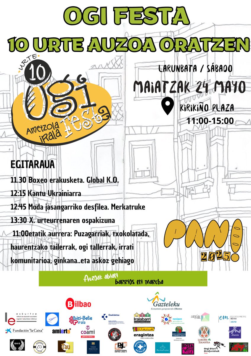 🥖  #OgiFesta #Irala-ra dator! 🎉 10 urte auzoa oratzen
🌍 Munduko ogiak, elkarteen azoka, tailerrak, emanaldiak...
🤝 Aniztasuna, bizikidetza eta komunitatea. Ez galdu!

➕ <a href="/bilbao_udala/">Bilbao [Udala - Ayuntamiento]</a> <a href="/ADC_GAZTELEKU/">Gazteleku</a> <a href="/FundlaCaixa/">Fundación ”la Caixa”</a>