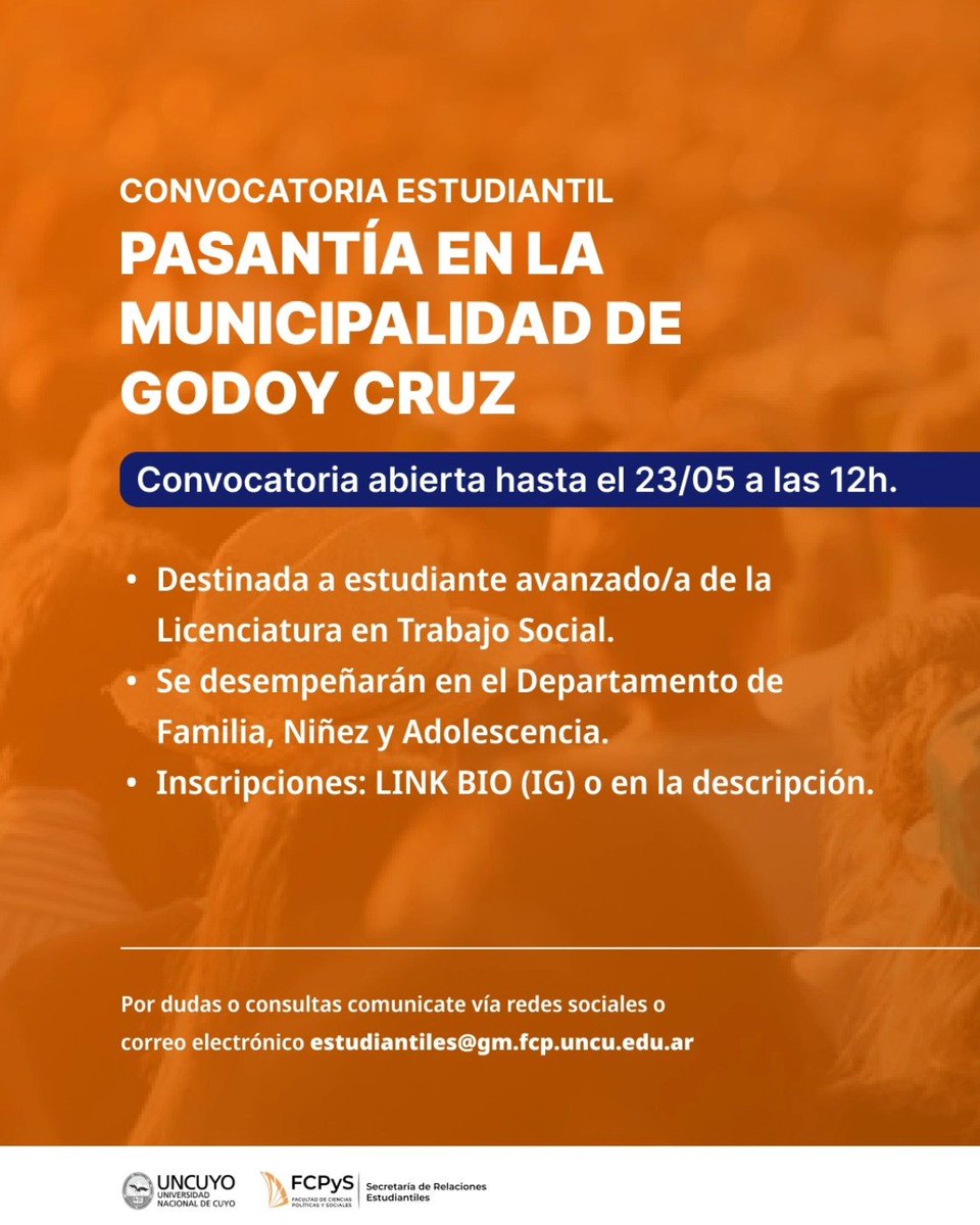 📝 Se convoca a estudiantes avanzados/as de la Licenciatura en Trabajo Social para realizar pasantías en la Municipalidad de Godoy Cruz.

📅 La convocatoria se encuentra abierta hasta el 23/05 a las 12h.

📲 Inscripciones forms.gle/smU4XDtPp5zZgk…