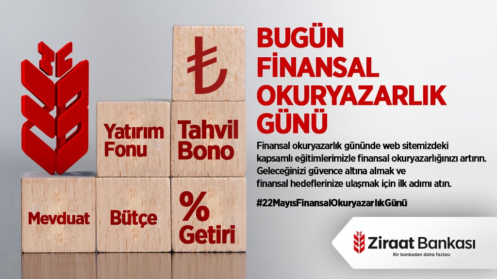 Bugün Finansal Okuryazarlık Günü 
Finansal okuryazarlık gününde web sitemizdeki kapsamlı eğitimlerimizle finansal okuryazarlığınızı artırın.
Geleceğinizi güvence altına almak ve finansal hedeflerinize ulaşmak için ilk adımı atın. #ZiraatBankası #BirBankadanDahaFazlası