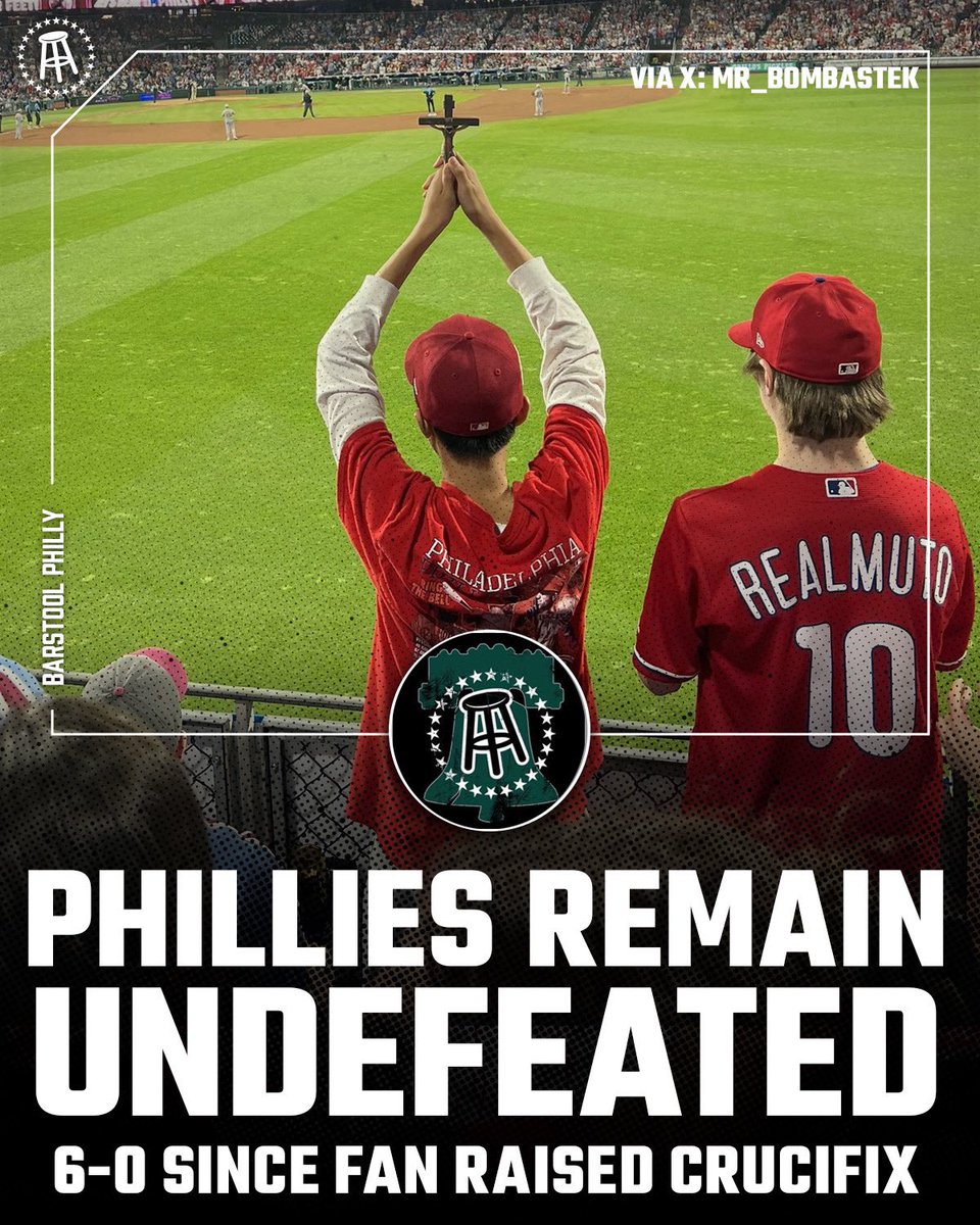 Phillies are undefeated 6-0 since the fan held up the crucifix in the bottom of the 7th inning at the Bank on May 16th

(via <a href="/Mr_Bombastek/">Mark</a>)