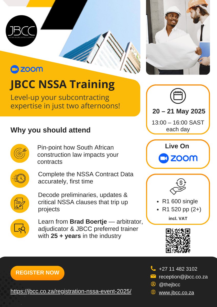 Dear Delegate,
Are you ready to tighten up your contract administration and steer clear of costly subcontracting disputes? 🔍
Join us for the JBCC NSSA Training Webinar
📅 Key Details
🗓️ Dates
20 &amp; 21 May 2025 (Tue &amp; Wed)
🕒 Times
13:00 – 16:00 (SAST) each day