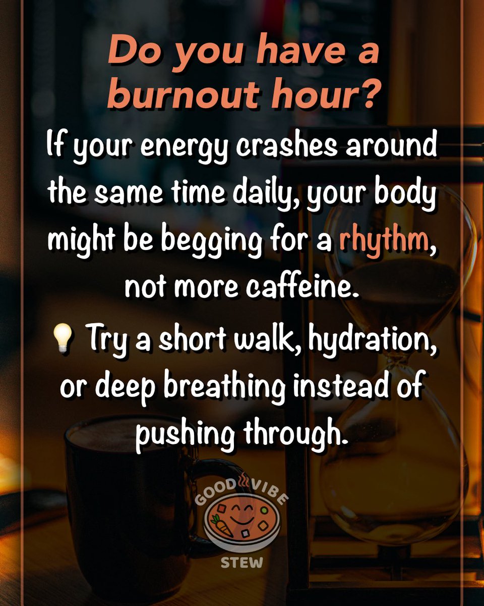 GoodVibeStew's tweet photo. Do you crash around the same time every day? That might not be laziness, it might be burnout asking for rhythm.

#GoodVibeStew #BurnoutAwareness #EnergyCrash #BodyRhythm #MindfulLiving #WorkLifeBalance #ListenToYourBody #AfternoonSlump #NervousSystemReset #MentalHealthTip https://t.co/WzQU0KAIBX