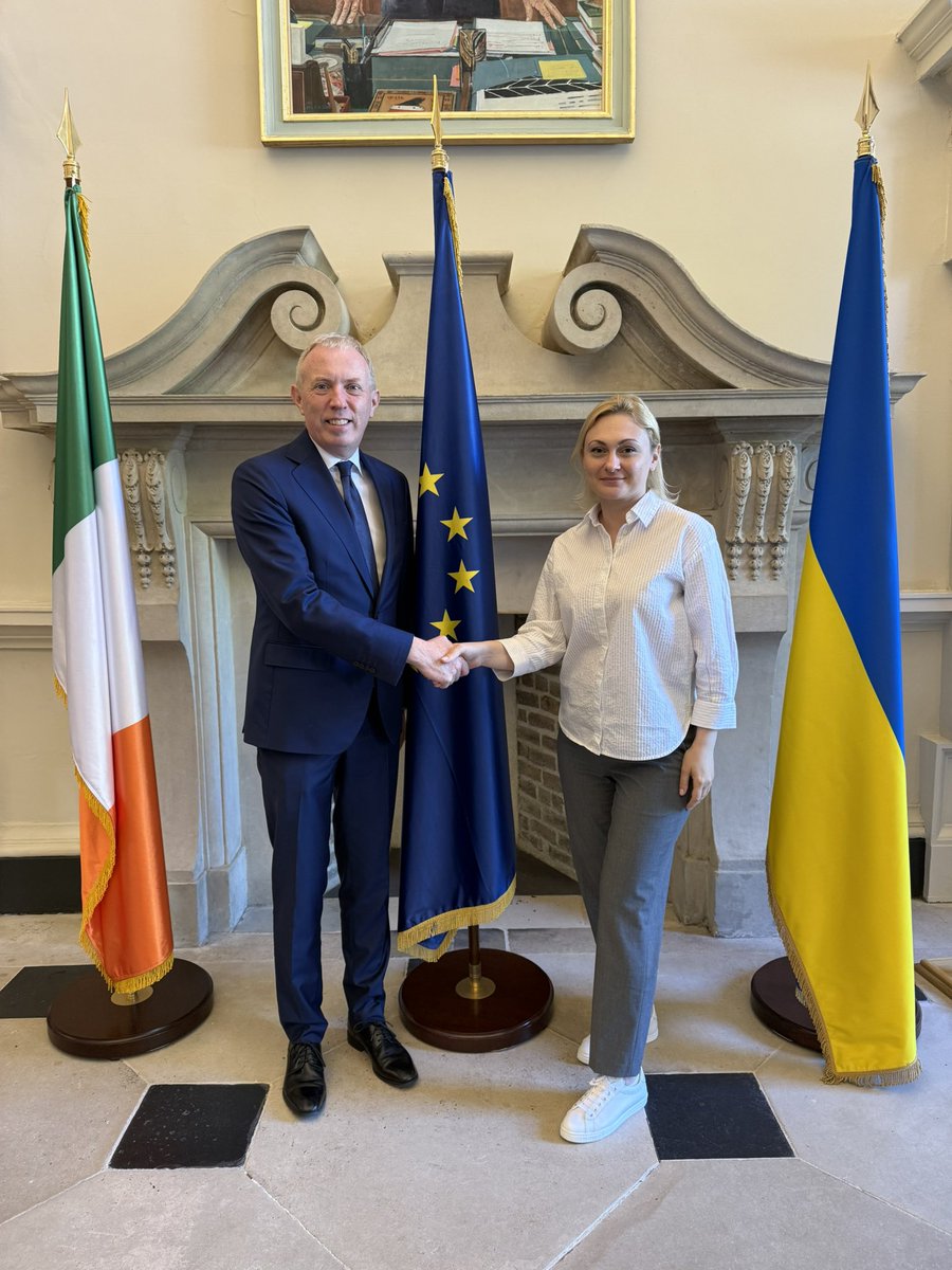 Yevheniia Kravchuk (@kravchukev) on Twitter photo 🤝 Had meaningful meeting with <a href="/timmydooley/">Timmy Dooley</a> — Minister of State for Agriculture and Climate, and former <a href="/ALDEParty/">ALDE Party</a> Co-President; Thanks for introducing also to <a href="/OCallaghanJim/">Jim O'Callaghan TD</a>, Minister for Justice.
Discussed Ireland’s unwavering support for #Ukraine — from humanitarian and 🤝 Had meaningful meeting with <a href="/timmydooley/">Timmy Dooley</a> — Minister of State for Agriculture and Climate, and former <a href="/ALDEParty/">ALDE Party</a> Co-President; Thanks for introducing also to <a href="/OCallaghanJim/">Jim O'Callaghan TD</a>, Minister for Justice.
Discussed Ireland’s unwavering support for #Ukraine — from humanitarian and