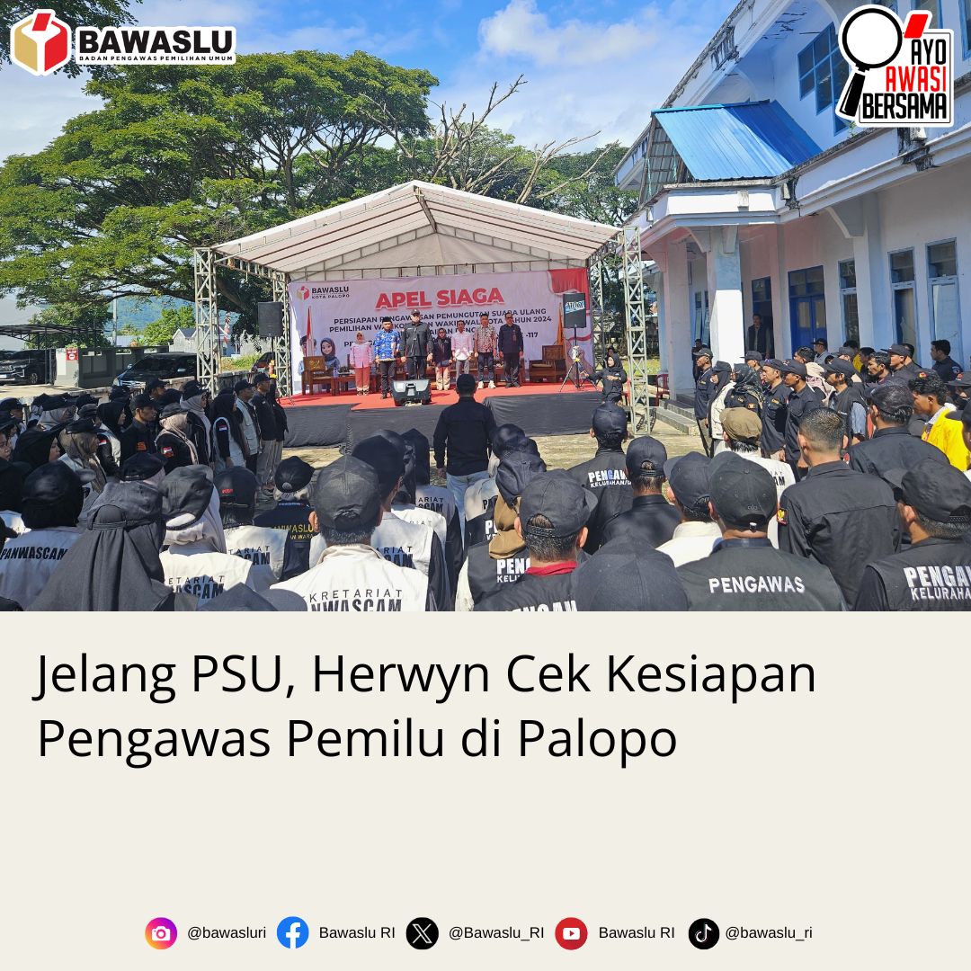 Anggota Bawaslu Herwyn JH Malonda cek kesiapan jajaran Bawaslu se-Kota Palopo, Sulawesi Selatan jelang menghadapi PSU. Herwyn mengatakan pentingnya semangat kebangkitan nasional sebagai landasan dalam pelaksanaan pengawasan PSU yang berkualitas.
bawaslu.go.id/id/berita/jela…