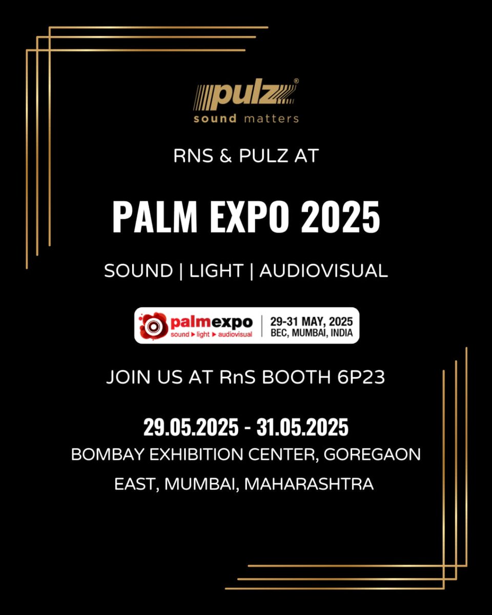 PulzElectronics's tweet image. Pulz invites you to explore cutting-edge sound technology at PALM Expo 2025 at RnS Booth 6P23, Bombay Exhibition Center.

#pulz #palmexpo2025 #bombayexhibitioncenter #goregaoneast #mumbai #professionalaudio #audiovisualsolutions #tradeshowindia #soundtechnology #indianexpo