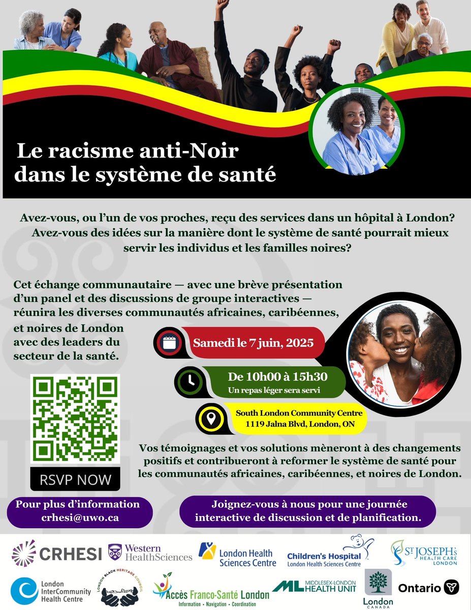 Centre for Health Equity and Social Inclusion (@crhesi) on Twitter photo Join us for a Community Conversation on Anti-Black Racism in Healthcare
📅 June 7 | 🕙 10 AM–3:30 PM
South London Community Centre (1119 Jalna Blvd #ldnont )
🔗 RSVP: forms.gle/sqbJboEEtgnsFZ…
Let’s build action together. <a href="/westernuFHS/">Western Health Sciences</a> <a href="/LHSCCanada/">London Health Sciences Centre</a> <a href="/CityofLdnOnt/">City of London</a> <a href="/stjosephslondon/">St. Joseph's Health Care London</a> Join us for a Community Conversation on Anti-Black Racism in Healthcare
📅 June 7 | 🕙 10 AM–3:30 PM
South London Community Centre (1119 Jalna Blvd #ldnont )
🔗 RSVP: forms.gle/sqbJboEEtgnsFZ…
Let’s build action together. <a href="/westernuFHS/">Western Health Sciences</a> <a href="/LHSCCanada/">London Health Sciences Centre</a> <a href="/CityofLdnOnt/">City of London</a> <a href="/stjosephslondon/">St. Joseph's Health Care London</a>