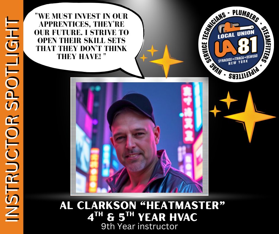 UA_Local_81's tweet photo. Meet Al Clarkson from our #TrainingCenter! With 9 years of #dedication, Al teaches 4th & 5th-year #HVAC and earns his nickname #HeatMaster 🔥#Learn about our #training #programs: https://t.co/WXBjFbq9Gm
#HVACPros #Syracuse #HVACPros #HVACTechnician #NewYork https://t.co/g3ijRs0F2a