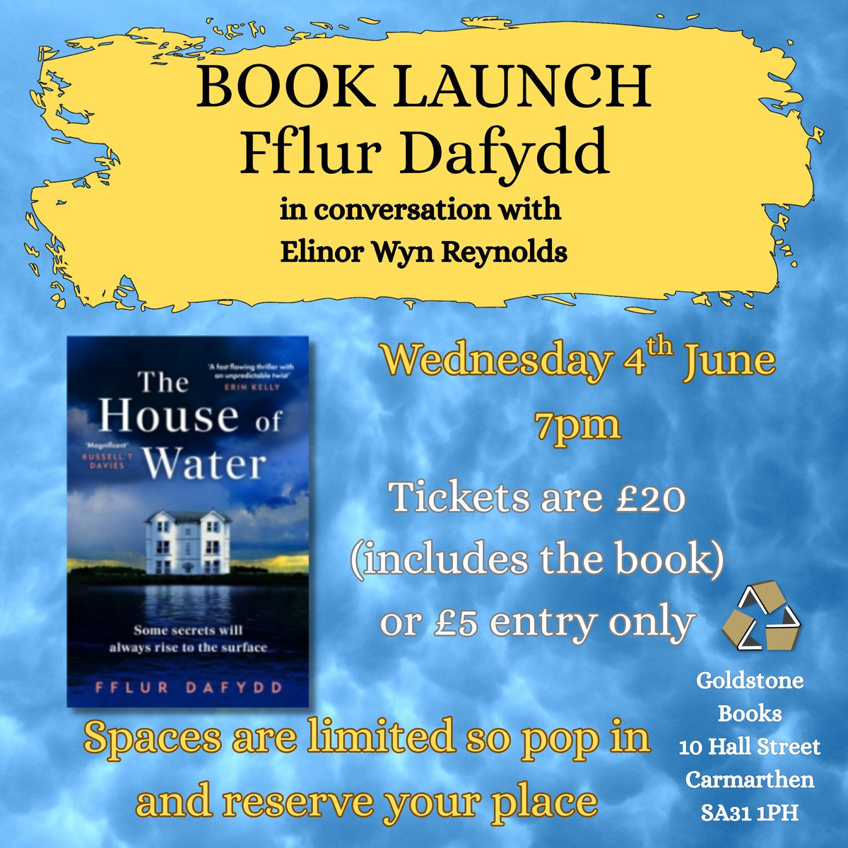 📚 An Evening with Fflur Dafydd
 📍Goldstone Books, Carmarthen
 🗓 June 4 | 7pm
Join acclaimed author Fflur Dafydd as she unveils The House of Water 🌊🔍 in conversation with Elinor Wyn Reynolds.
🎟 £20 (inc. book) £5 (entry only)
 🚨Limited seats!
#Carmarthen  #BookEvent