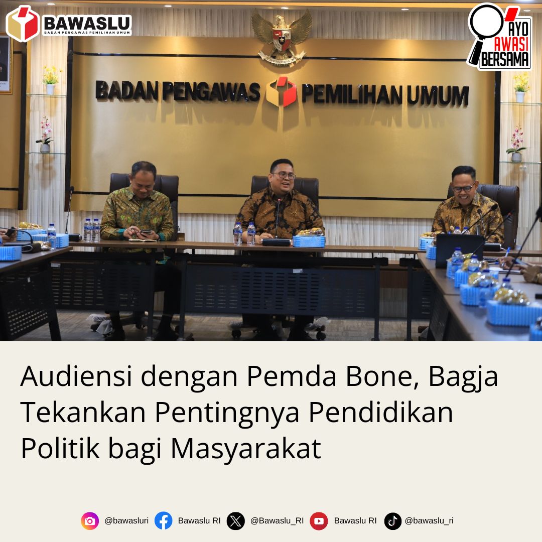 Ketua Bawaslu Rahmat Bagja mengapresiasi kehadiran Pemerintah Daerah Bone yang diwakili Wakil Bupati Bone Andi Akmal Pasluddin. Dia menyebutkan pentingnya pendidikan politik bagi masyarakat untuk mencegah pelanggaran pada pemilu mendatang.
bawaslu.go.id/id/berita/audi…