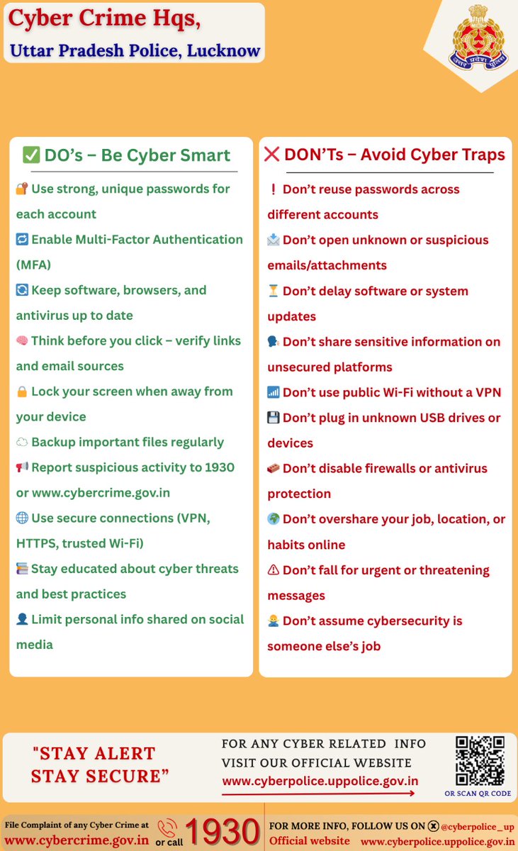 cyberpolice_up's tweet photo. Be a Cyber Smart
Follow 👇
Do's & Don'ts.