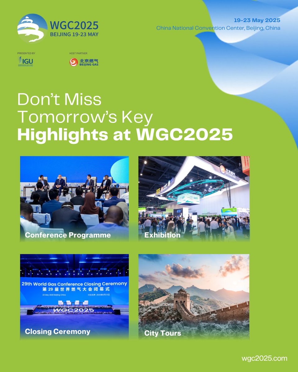 It’s the final day at #WGC2025.

Catch our last expert-led Current Debates, the final Plenary Session on gas in future energy systems, and the spectacular Closing Ceremony in the Banquet Hall (L3). Also, don’t forget the exhibition is open until 14:00

#EnergyTransition