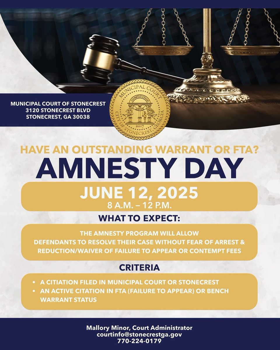 The Municipal Court of Stonecrest has launched an Amnesty Day aimed at helping individuals with failure-to-appear (FTA) fees or outstanding warrants to resolve their cases without fear of arrest.