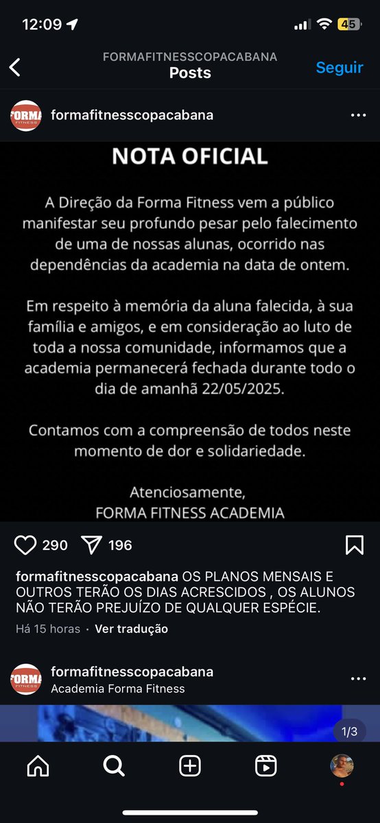 lluizvitor's tweet photo. Depois de toda a repercussão, postaram uma nova nota de pesar, alegando que a academia está fechada em memória da aluna e não pelo descumprimento de uma lei municipal que exigia desfibrilador em academias do Rio de Janeiro. https://t.co/DgEZ0BP9qv