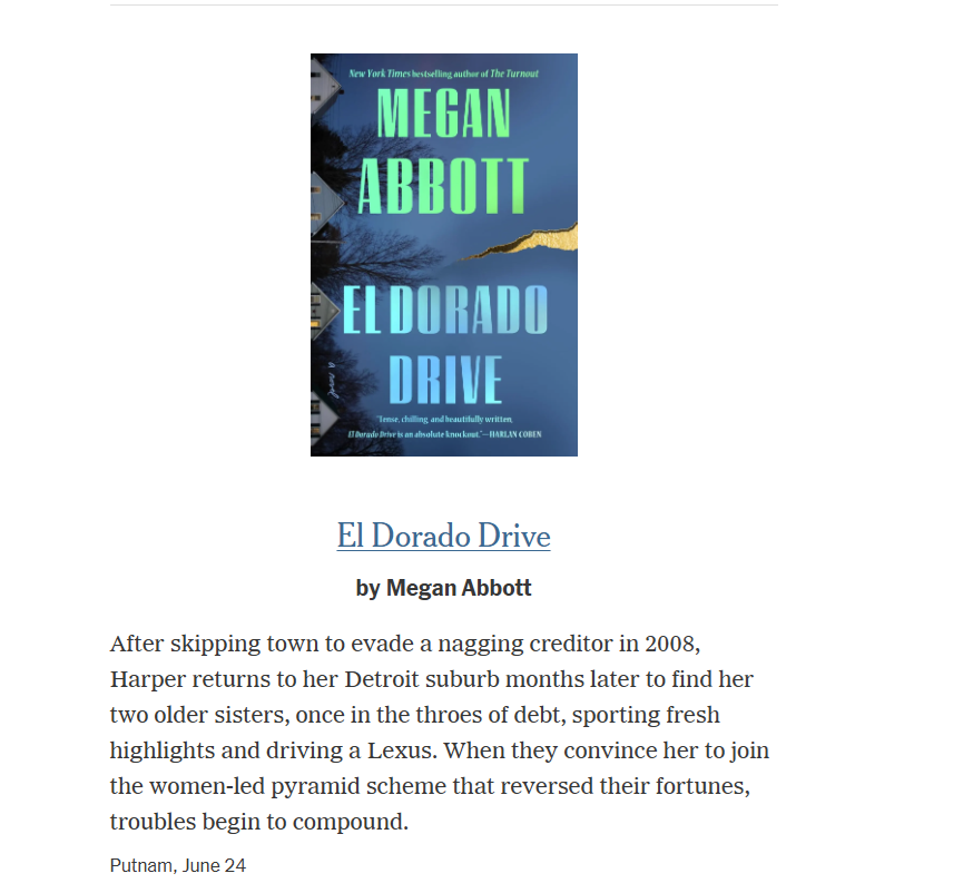 Giddy to see EL DORADO DRIVE in the NYT Summer Book Preview with so many of my own favorites, including <a href="/blacklionking73/">S.A.Cosby</a> <a href="/PutnamBooks/">G. P. Putnam's Sons</a> 
nytimes.com/2025/05/22/boo…