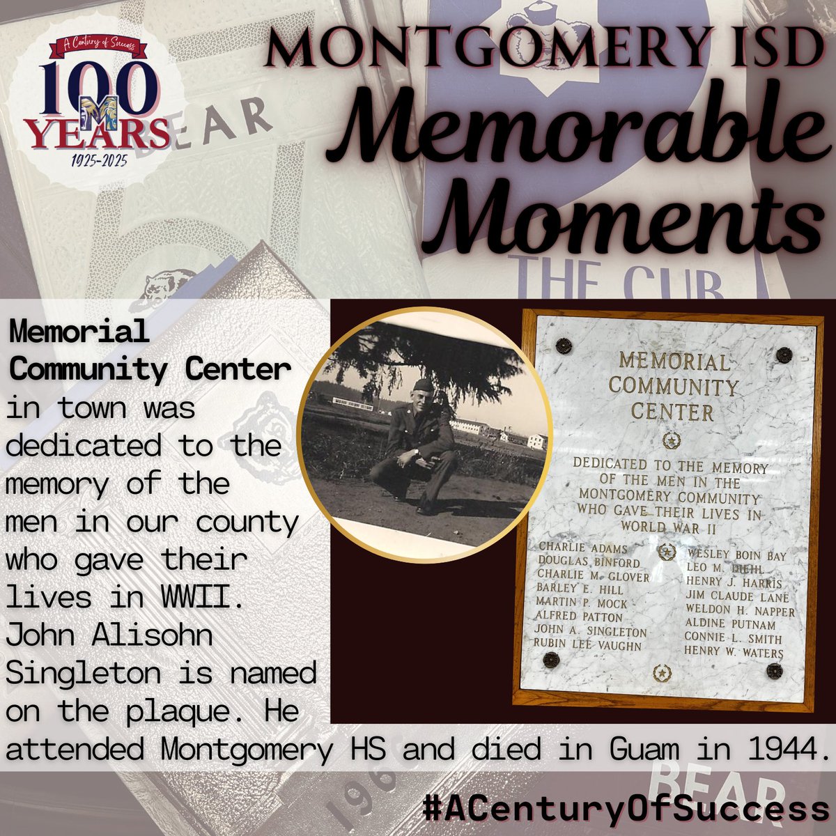 On this Memorial Day, MISD would like to remember the service men and women who have sacrificed all.
The Community Center holds a plaque with names of men in our county who gave their lives in WWII. One individual was MHS student, John Alisohn Singleton, who died in Guam in 1944.