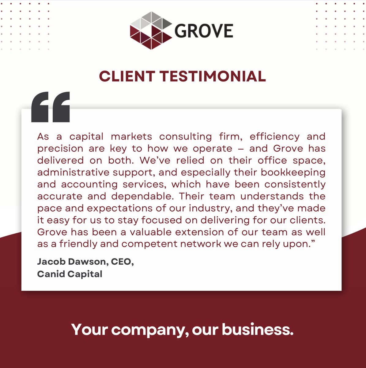 In capital markets, precision is everything and we’re proud to support firms that demand the best. This testimonial from Canid Capital highlights what Grove strives for every day. We’re honoured to be part of their success! Your company, our business.

#clientexperience #YCOB