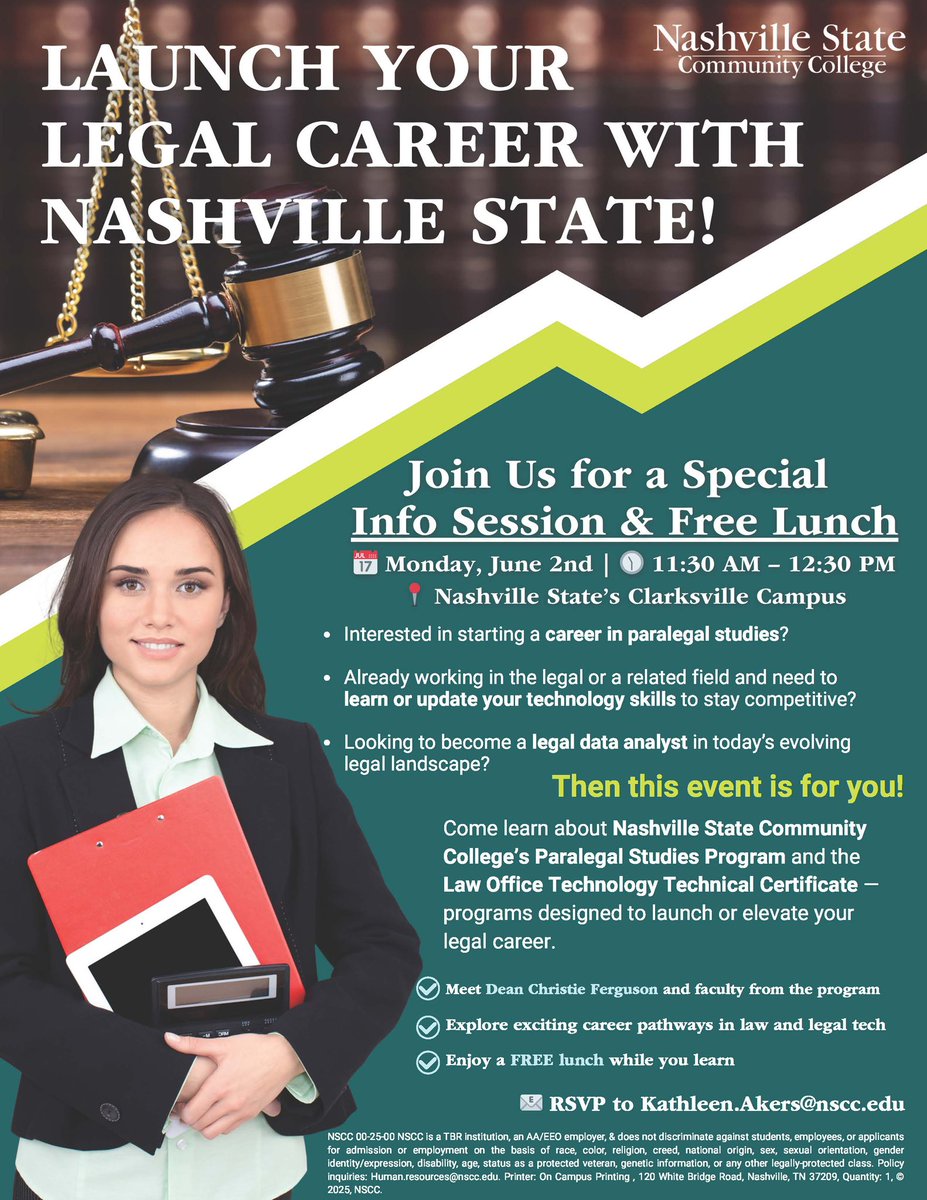 Interested in the law? Learn about a career in paralegal studies during a free lunch and learn info session at the Clarksville campus on June 2, 11:30a-12:30p.