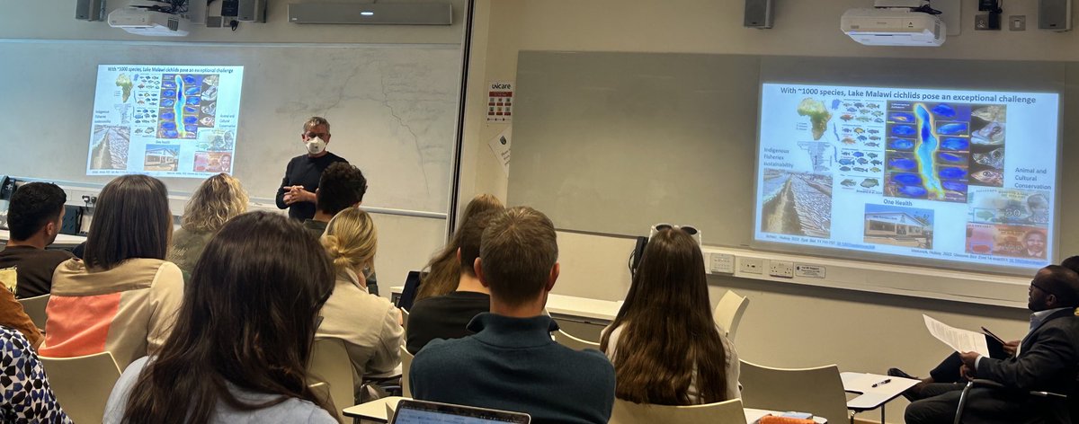 guerrinomacori's tweet photo. Fascinating talk by Dr Darrin Hulsey from @UCDSBES on the phylogenomics of Lake Malawi cichlids, just one lake and more than 1k species evolving rapidly!
#EarthInstitute #GlobalUCD #OneHealth #Sustainability #Biodiversity #Malawi https://t.co/iBFgy0NrEy