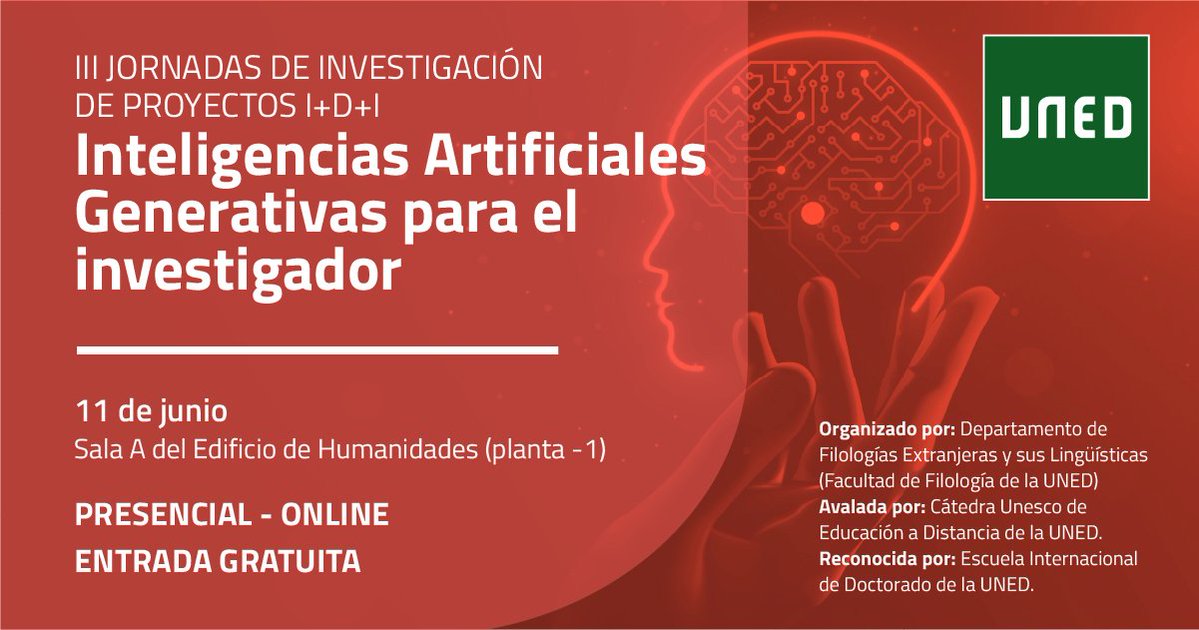 UNED_Filología (@uned_filologia) on Twitter photo 📢 III Jornadas de Investigación de Proyectos I+D+i del Departamento de Filologías Extranjeras y sus Lingüísticas
🗓️11 de junio
⏱️9:15
📍 Sala A del Edificio de Humanidades, UNED
👉 Inscripción y programa:blogs.uned.es/filologiasextr…
<a href="/DepExtranjeras/">Departamento de Filologías Extranjeras UNED</a> <a href="/eiduned/">EIDUNED</a> <a href="/cued_/">Cátedra UNESCO EaD</a> 📢 III Jornadas de Investigación de Proyectos I+D+i del Departamento de Filologías Extranjeras y sus Lingüísticas
🗓️11 de junio
⏱️9:15
📍 Sala A del Edificio de Humanidades, UNED
👉 Inscripción y programa:blogs.uned.es/filologiasextr…
<a href="/DepExtranjeras/">Departamento de Filologías Extranjeras UNED</a> <a href="/eiduned/">EIDUNED</a> <a href="/cued_/">Cátedra UNESCO EaD</a>