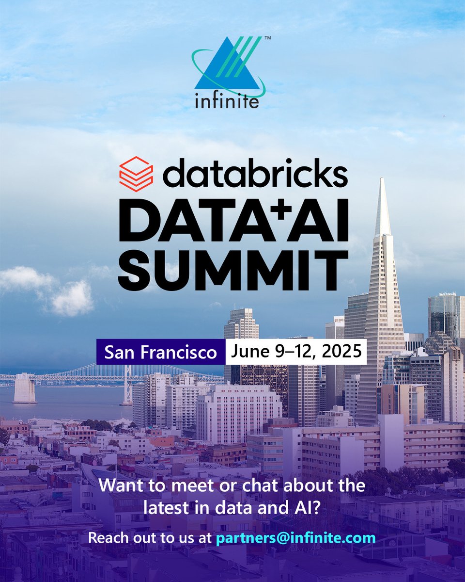 InfiniteOFCL's tweet image. Excited for the 𝗗𝗮𝘁𝗮𝗯𝗿𝗶𝗰𝗸𝘀 𝗗𝗮𝘁𝗮 + 𝗔𝗜 𝗦𝘂𝗺𝗺𝗶𝘁 𝟮𝟬𝟮𝟱 in SF, June 9–12! 💫

Can’t wait to connect with the brightest in data &amp;amp; AI.

Attending?
Let’s meet-partners@infinite.com

#DataAISummit #InfiniteAI #Databricks #InfinitePossibilities