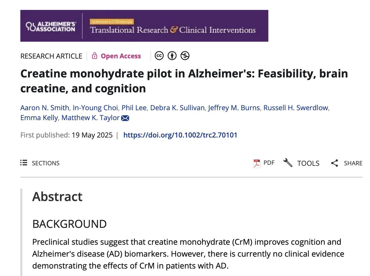 brettboettcher1's tweet photo. University of Kansas just studied 20 grams of creatine on Alzheimer's patients.

Creatine monohydrate was associated with increased brain total creatine and improvements in cognition across several tests.

Everybody and their mother should be taking it. https://t.co/1xywzY9qTi