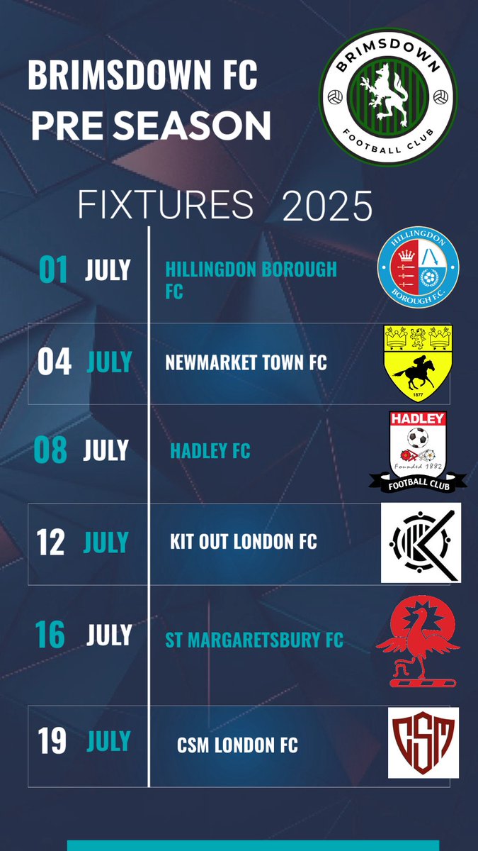 Our pre season schedule starts in July! We wish all players at every club injury free season! ⚽️ <a href="/hbfc1872/">Hillingdon Borough FC</a> <a href="/NewmarketTownFC/">Newmarket Town F.C</a> <a href="/hadleyfc/">Hadley FC</a> <a href="/kol_cc/">Kit Out London CC</a> <a href="/StMargaretsbury/">St Margaretsbury FC</a> <a href="/CSMLondonFC/">CSM London FC</a> <a href="/manny_ndaw17/">Manny</a>