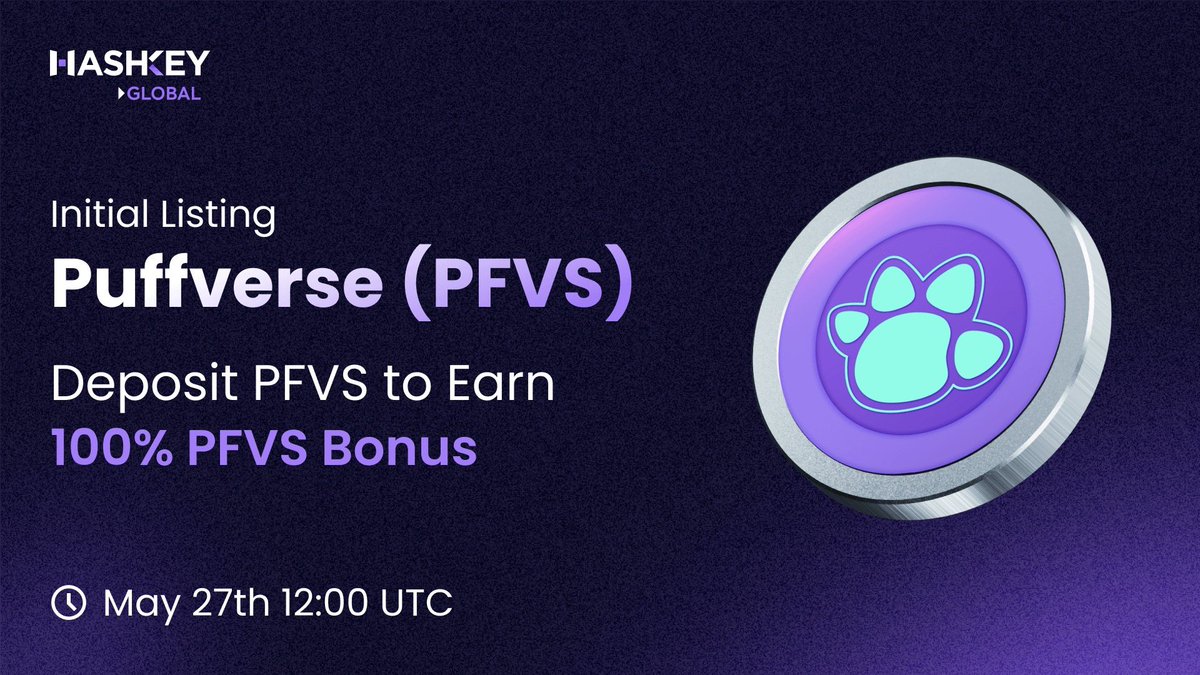 HashKey_Global's tweet image. 📢 New Initial Spot Listing: $PFVS @Puffverse

🎁 Deposit $PFVS &amp;amp; earn an extra 100% bonus — up to 400 $PFVS! 100,000 $PFVS prize pool, first come, first served! 👉 Register now bit.ly/4eTZL3V

✅ PFVS Deposits (Ronin): 10:00 UTC, May 23
✅ PFVS/USDT Spot Trading: 12:00…