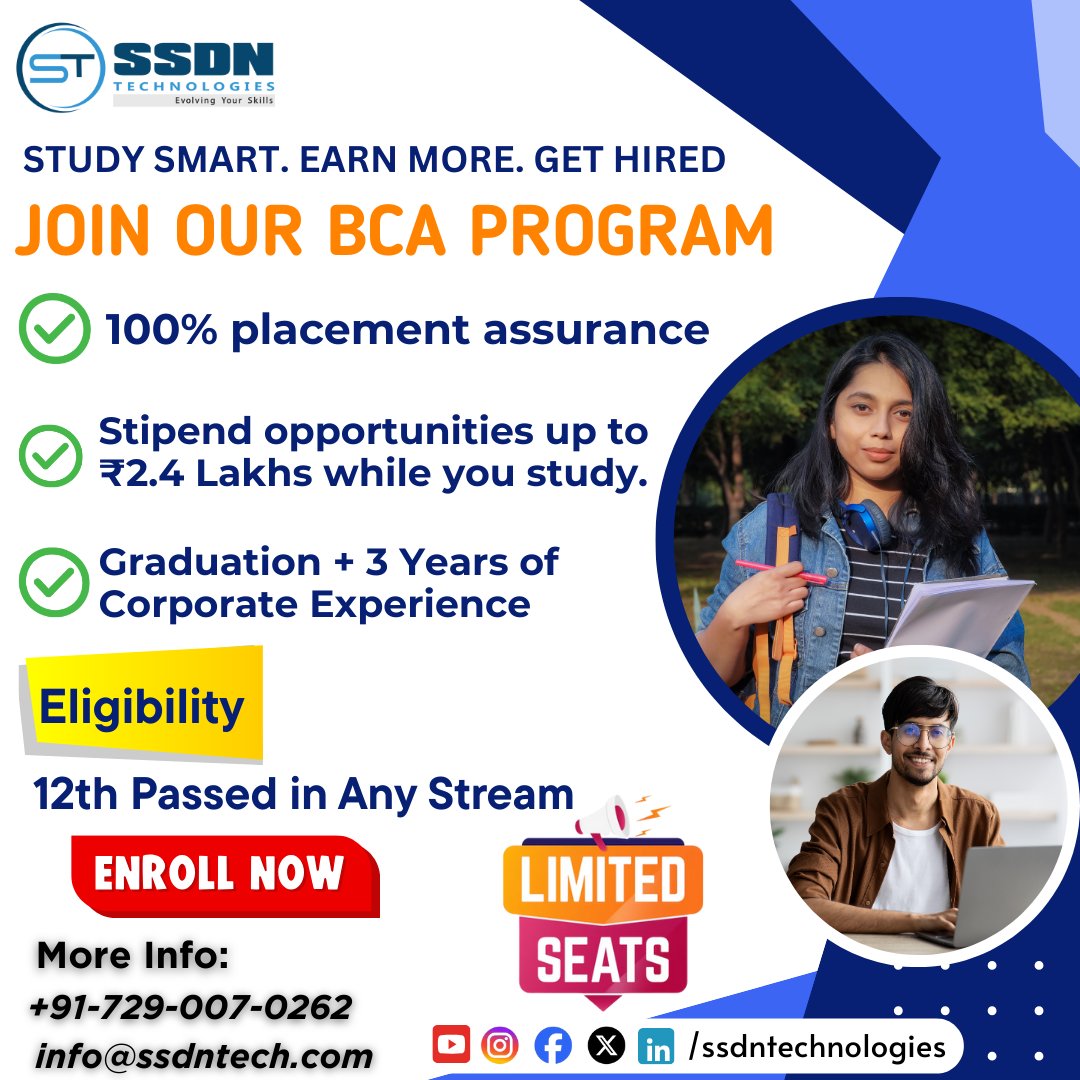 ssdntechnologie's tweet photo. 🚀 India’s First BCA Program with 100% Job Guarantee
📞 Contact: +91-729-007-0262
📧 Email: info@ssdntech.com
🔗 Enroll Now: https://t.co/qlVwsgSJl3
#BCAProgram #ITCareers #JobGuarantee #Growth #LearnToEarn #GrowthMindset #SSDNTech https://t.co/xSB3mujROB