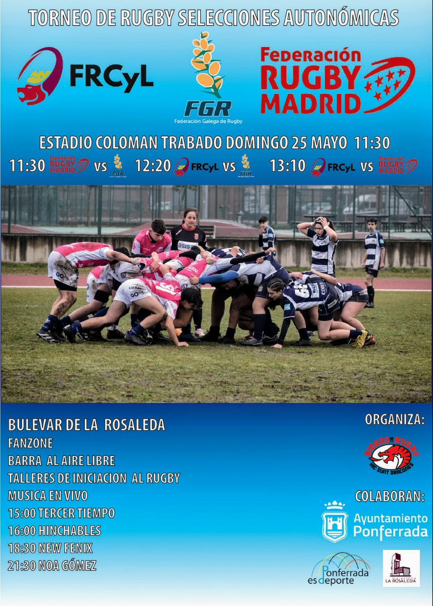 La Rosaleda se llena de vida este domingo
Deporte, música, comercio y actividades para todos en una jornada organizada por la Plataforma del Barrio de La Rosaleda con el apoyo de la Concejalía de Comercio👏🏻
¡No te pierdas el “tercer tiempo” tras el Torneo! ponferrada.org/es/ponferrada-…