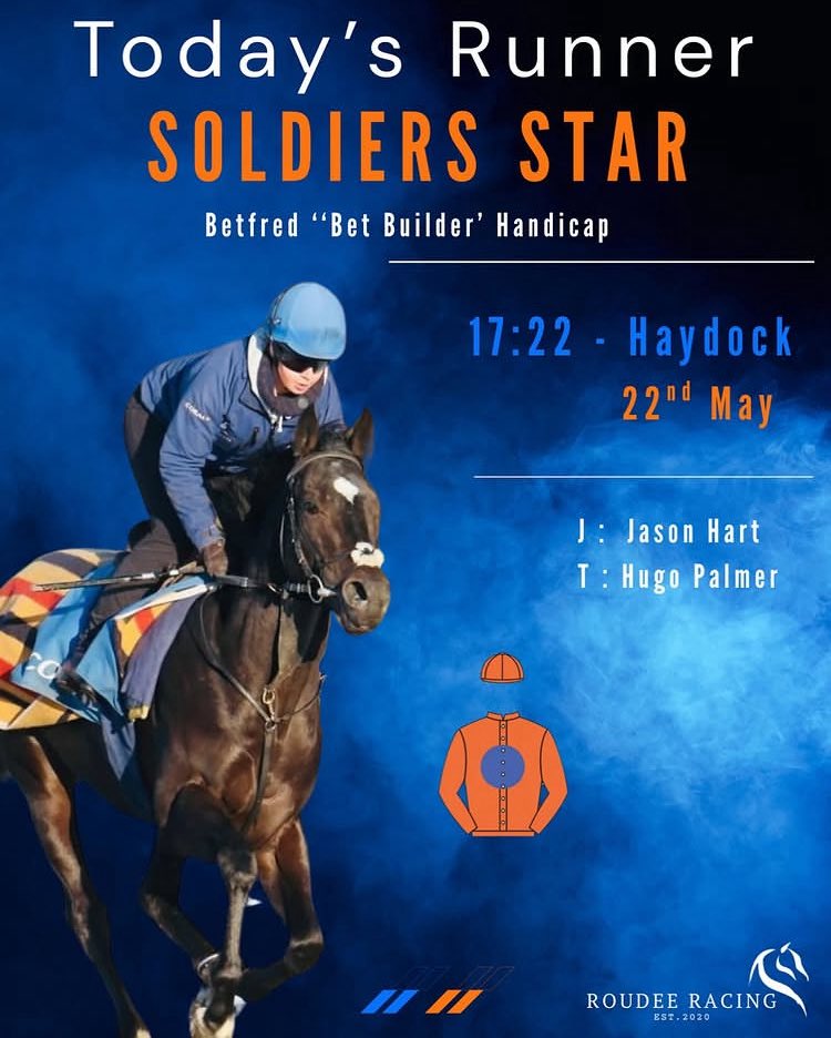 Soldiers Star runs <a href="/haydockraces/">Haydock Park Races</a> for <a href="/MHS_HorseRacing/">Manor House Stables</a> with <a href="/jasonhart13/">Jason Hart</a> taking the ride . Good luck to his owners 💙🧡🐎 #horseracing #haydock #roudeeracing