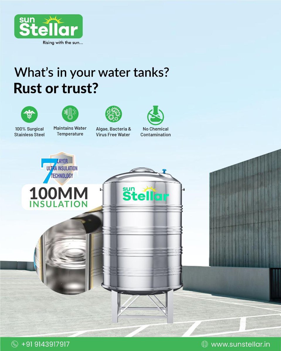 Choose Sun Stellar – India’s trusted 100% surgical stainless steel water tanks.

💧 Maintains water temperature
🛡️ Algae, bacteria &amp; virus-free
🌿 No chemical contamination

📞 +91 9143917917 | 🌐 sunstellar.in

#WaterTank #StainlessSteelTank #SunStellar #SafeWater