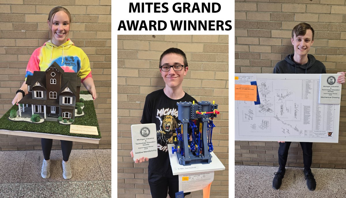 Three students from Flushing High School won Grand Awards at this year’s MITES competition. 
Emily Belanger won in the Architecture Division, Cody Aspin won in the Additive Manufacturing Division, and Kyle Collins won in the Mechanical Drafting Division. Great job!